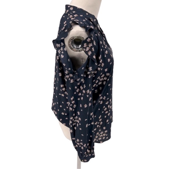 Ann Taylor Navy Cream Floral V Neck Cold Shoulder Ruffled Blouse Size XS Women’s - Picture 6 of 7